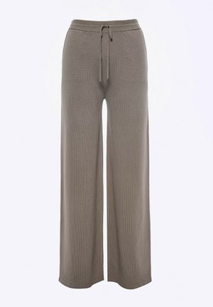 Pantalones de corte ancho en una tela gris suave y texturizada; cuentan con una cintura elástica con cordón para ajustabilidad.