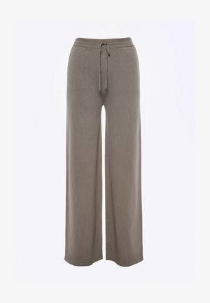 Pantalones de corte ancho en una tela gris suave y texturizada; cuentan con una cintura elástica con cordón para ajustabilidad.