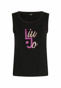 Haut noir sans manches avec col rond et le mot "Liu Jo" en grandes lettres violettes et imprimé léopard sur le devant.