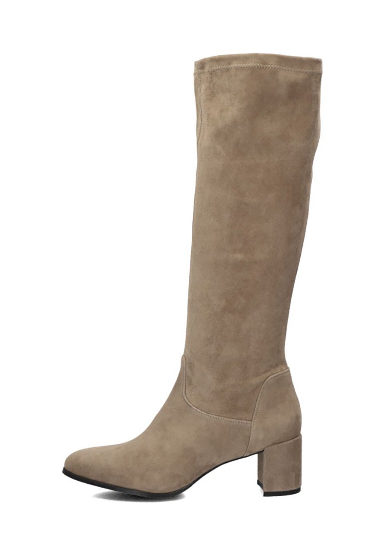 Beige suede kniehooglaars met een puntige neus en een robuuste blokhak. Soepele textuur, minimalistisch ontwerp en een laagprofiel stikseldetails.