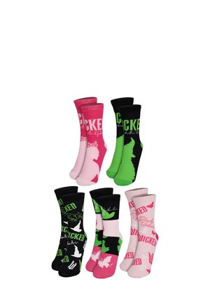 Set aus sechs Socken in verschiedenen Farben: rosa, grün und schwarz. Die Designs umfassen Texte und Grafiken von Schmetterlingen und Silhouetten.