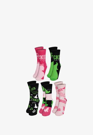 Set aus sechs Socken in verschiedenen Farben: rosa, grün und schwarz. Die Designs umfassen Texte und Grafiken von Schmetterlingen und Silhouetten.