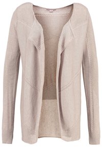 Beige knitted cardigan featuring an open front, textured patterns, ribbed sides, and a soft, lightweight fabric.