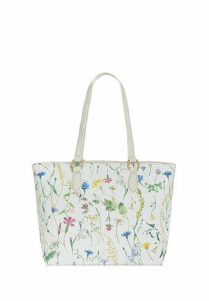 Torba na ramię z kwiatowym wzorem w kolorach zielonym, różowym, niebieskim i żółtym na białym tle. Posiada jasne paski i złote akcenty wykończeniowe.