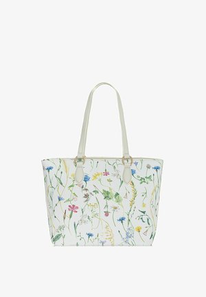 Torba na ramię z kwiatowym wzorem w kolorach zielonym, różowym, niebieskim i żółtym na białym tle. Posiada jasne paski i złote akcenty wykończeniowe.