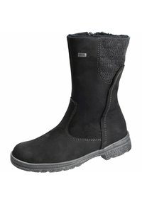 Schwarze knielange Stiefel mit einer weichen Wildleder-Oberfläche, strukturiertem Stoff am Kragen, kontrastierenden Nähten und einer Gummisohle mit griffigem Muster.