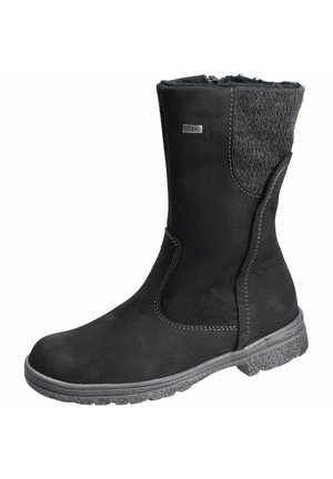 Black knee-high boot with a soft suede finish, textured fabric at the collar, contrasting stitching, and a rubber sole with grip pattern.