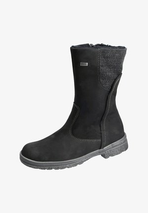 Black knee-high boot with a soft suede finish, textured fabric at the collar, contrasting stitching, and a rubber sole with grip pattern.