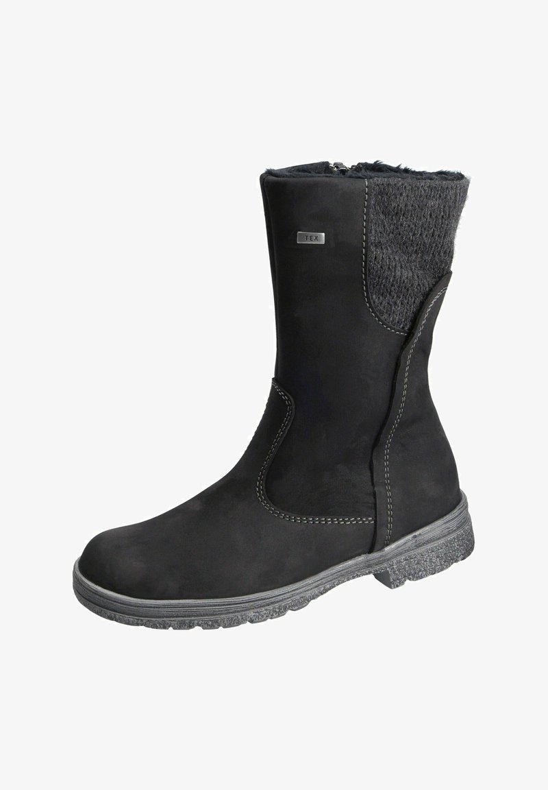 Schwarze knielange Stiefel mit einer weichen Wildleder-Oberfläche, strukturiertem Stoff am Kragen, kontrastierenden Nähten und einer Gummisohle mit griffigem Muster.