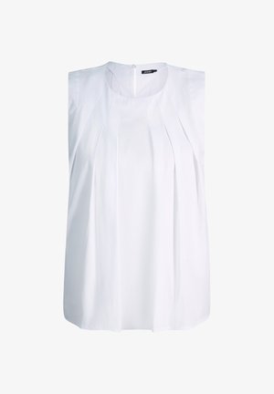 Biała bezrękawnikowa bluzka z plisowanym przodem i okrągłym dekoltem, z małym wycięciem na plecach oraz metką marki wewnątrz kołnierza.