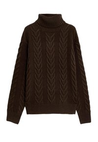 Brązowy sweter dziany z golfem, z wzorem w warkocze i ściągaczami na rękawach. Luźny krój z fakturowaną powierzchnią.