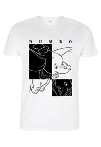 Camiseta de algodón blanca con un diseño gráfico de Dumbo en líneas negras, con la palabra "DUMBO" impresa arriba en letras negritas.