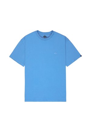 Lichtblauw katoenen T-shirt met korte mouwen, ronde hals en een klein logo op de borst. Gladde textuur en losse pasvorm.