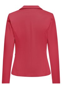 Tagantvaade punasele liibuvatele bleiserile, millel on pikad varrukad ja õmbluste detailid seljal ning külgedel.