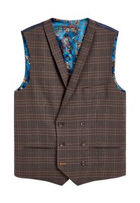 Brązowa w kratę podwójnie zapinana kamizelka z kwiecistym niebieskim podszewką, cztery przednie guziki i dwie przednie kieszenie.