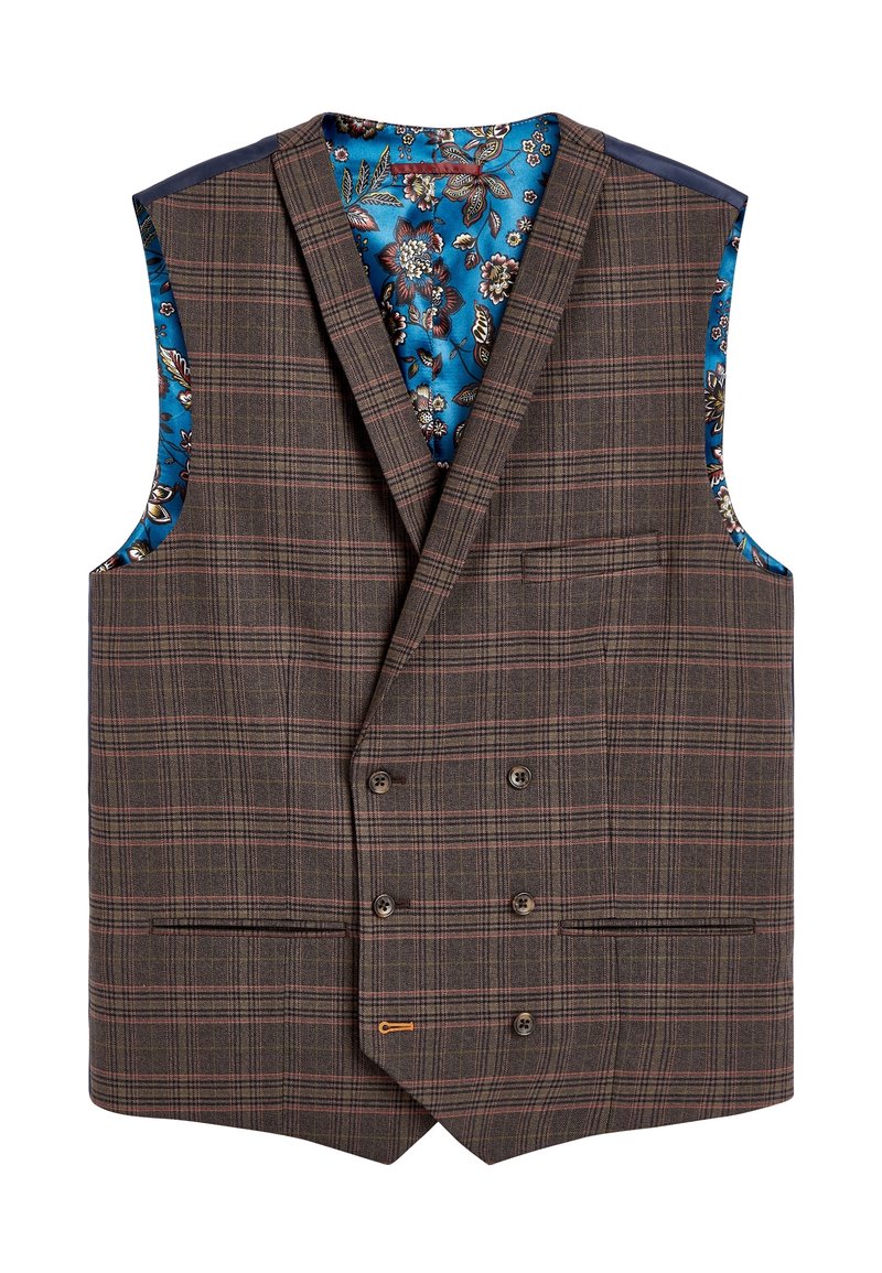 Brązowa w kratę podwójnie zapinana kamizelka z kwiecistym niebieskim podszewką, cztery przednie guziki i dwie przednie kieszenie.