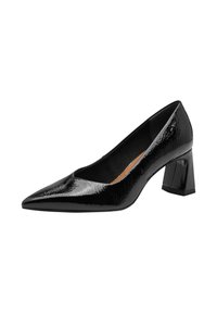 Escarpins noirs en cuir vernis avec un bout pointu, un talon épais de hauteur intermédiaire et un décolleté peu profond.