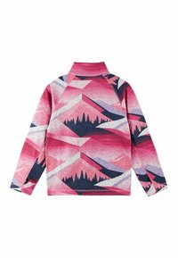 Bluza z długim rękawem z polaru z wysokim kołnierzem, zdobiona wzorem górskiego krajobrazu w odcieniach różu i fioletu na tle teksturowanej tkaniny.