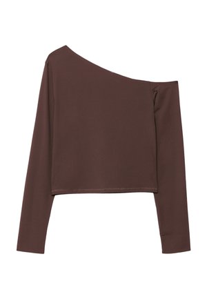 Top corto marrone a manica lunga con spalla asimmetrica, orlo dritto e silhouette aderente.
