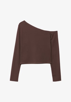 Asymmetrisches braunes Langarm-Crop-Top mit einem Schulterträger, geradem Saum und taillierter Silhouette.