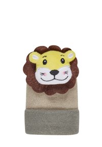 Beige und graue Strickhandschuhe für Kinder mit einem plüschigen gelben Löwenkopf und einer braunen Mähne, die oben aufgenäht sind.