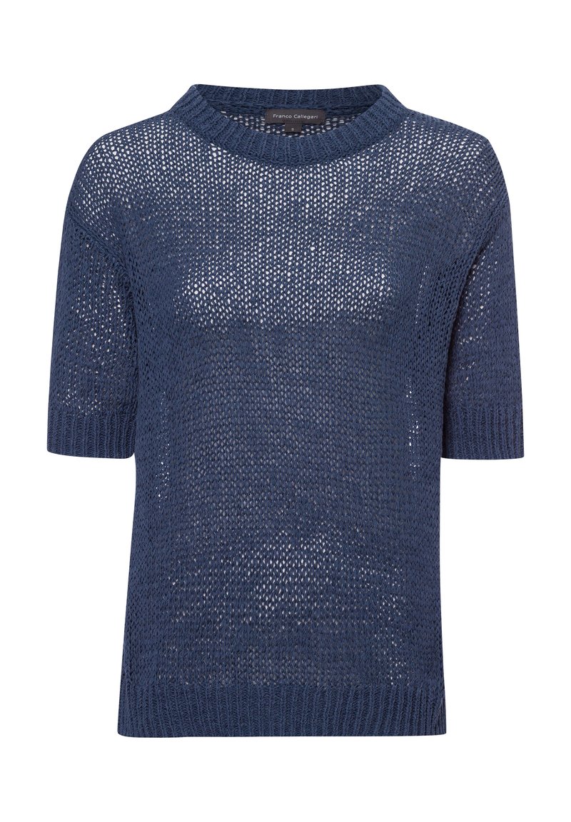 Marineblauer Strickpullover mit kurzen Ärmeln, runder Halslinie und einem offenen Gewebemuster, das ein leichtes und atmungsaktives Design betont.