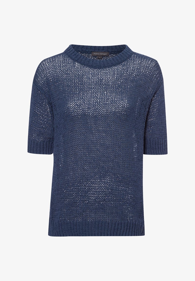 Marineblauer Strickpullover mit kurzen Ärmeln, runder Halslinie und einem offenen Gewebemuster, das ein leichtes und atmungsaktives Design betont.