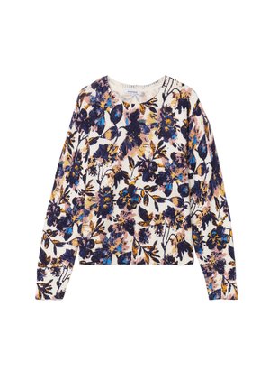 Gehaakt sweater met lange mouwen, ronde hals. Kenmerkt een bloemenpatroon in paars, blauw en geel op een crèmekleurige achtergrond. Soepele textuur.
