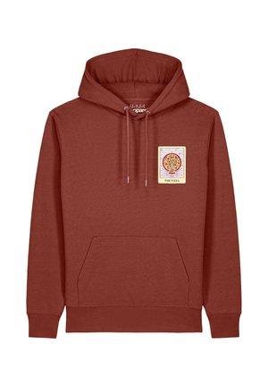 Rostfarbener Hoodie mit Fronttasche und Kordelzug, mit einer kleinen Cartoon-Pizza-Grafik mit dem Text "THE PIZZA" auf der Brust.