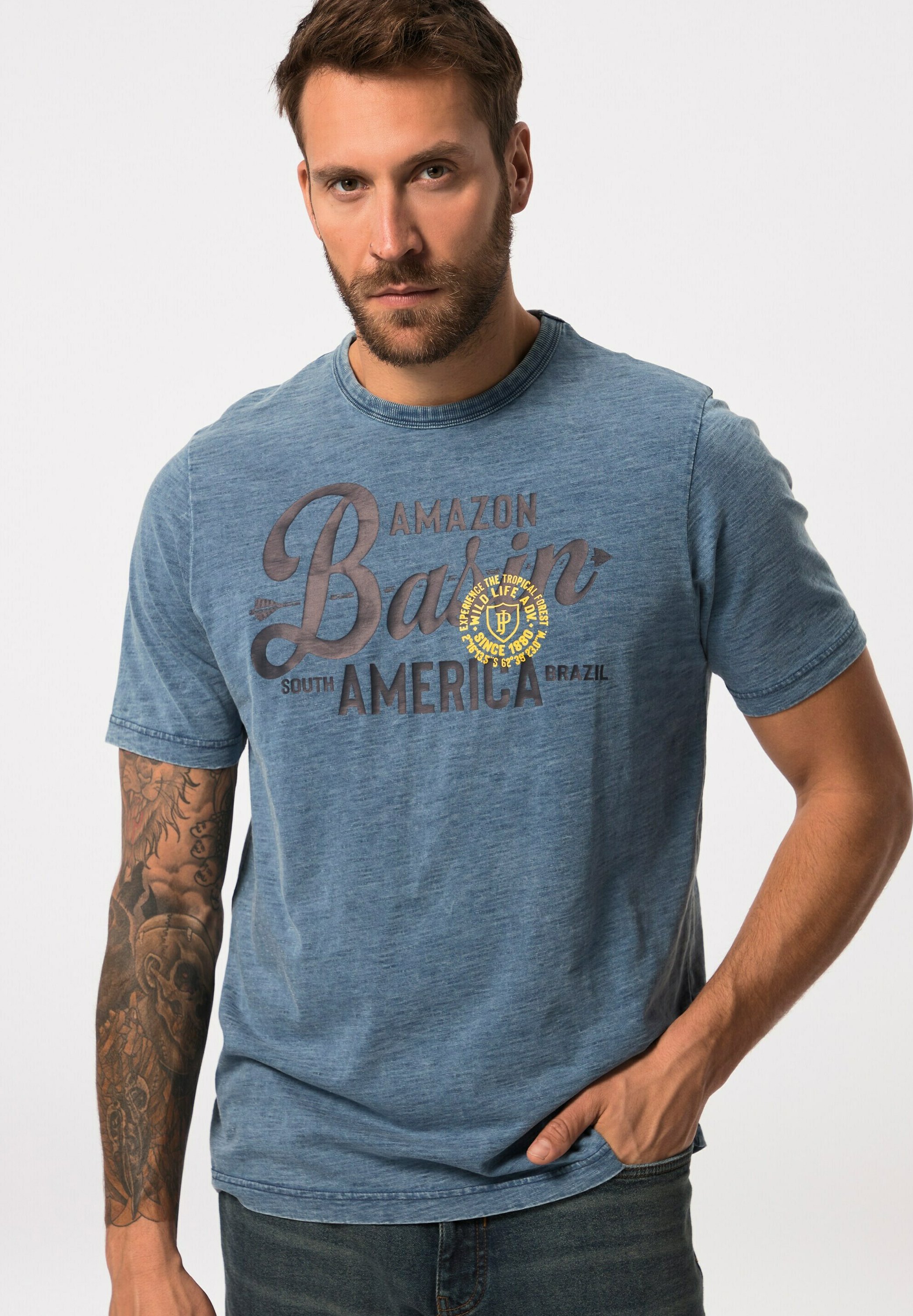 JP 1880 T-Shirt Uomo In Cotone - Basic Con Stampa Sul Petto - Grigio Melange Taglie Forti Fino A 8XL - 2