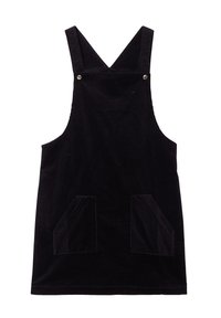 Musta corduroy-olkaimeton mekko, jossa on suora leikkaus, leveät olkaimet ja kaksi etupuolen läpivärillä varustettua taskua. Sujuva pinta ja sävykkäät tikkaukset.