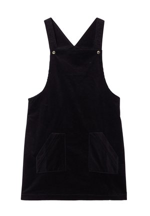 Abito intero in velluto a coste nero con vestibilità dritta, spalline larghe e due tasche sul davanti. Texture liscia con dettagli di cucitura tono su tono.