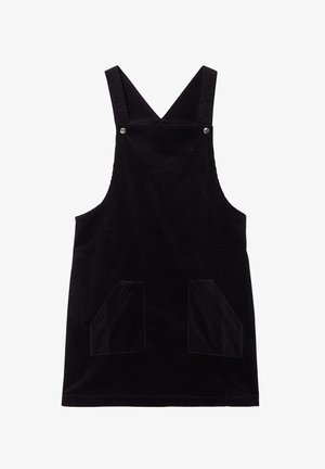 Czarna sukienka ogrodniczka z korduroy, o prostym kroju, z szerokimi ramiączkami i dwoma przednimi kieszeniami naszytymi. Gładka tekstura z tonowymi przeszyciami.