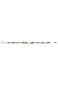 Pulsera de cadena de plata con un panel central texturizado y acentos dorados. Los eslabones están entrelazados, con un cierre de langosta para un ajuste seguro.