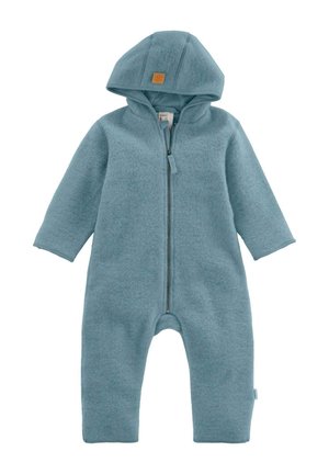 Soft blue hooded baby jumpsuit with long sleeves and front zipper closure, made from warm fleece fabric.