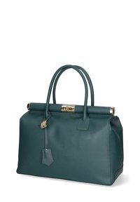 Teal leren handtas met een gestructureerde vorm, dubbele handgrepen, gouden hardware en een decoratieve sluiting. Ge textureerde oppervlakte voegt detail toe.