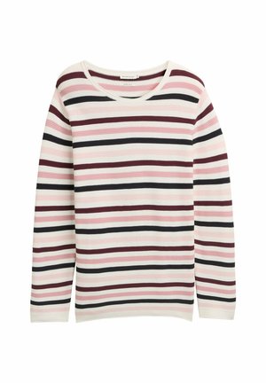 Langærmet ribstrikket sweater med vandrette striber i hvid, pink, sort og mørkered, med en rund halsudskæring.