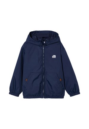 Navyblauer Kapuzen-Windbreaker mit Frontreißverschluss, elastischen Bündchen, zwei vorderen Taschen und kleinem weißen "Outdoor"-Logo auf der Brust.