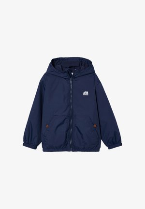 Navy blue hooded windbreaker jacket with front zipper, elastic cuffs, two front pockets, and small white "Outdoor" logo on chest.