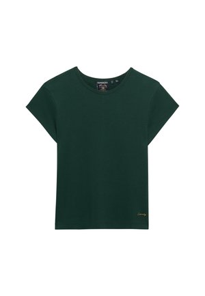 Camiseta de manga corta de color verde oscuro con cuello redondo y pequeño logo bordado cerca del dobladillo inferior en la parte frontal.