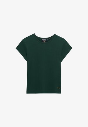 Donkergroene T-shirt met korte mouwen en ronde hals, voorzien van een klein geborduurd logo vlak bij de onderzoom aan de voorkant.