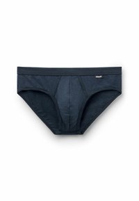 Mörkblå bomullsboxer med en slät yta, som har en stödjande framficka och en mjuk midja. Inga synliga mönster eller detaljer.