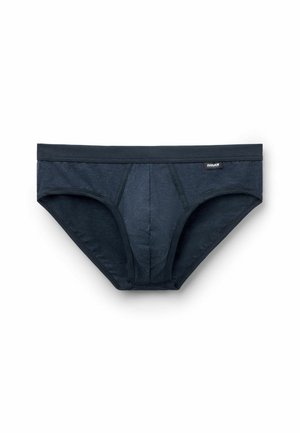 Dunkelblaues Baumwoll-Unterhöschen mit glatter Textur, ausgestattet mit einem stützenden vorderen Beutel und einem weichen Bund. Keine sichtbaren Muster oder Akzente.