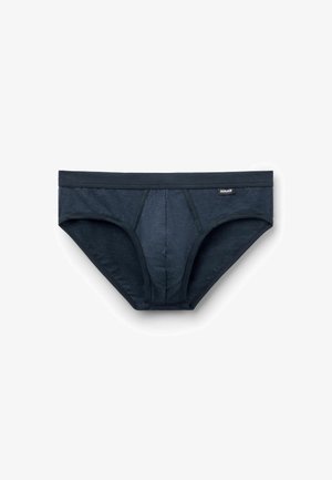 Mørkeblå bomuldsboksershorts med en glat tekstur, der har en støttende frontlomme og en blød talje. Ingen synlige mønstre eller detaljer.