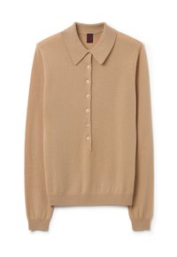 Beige gebreide trui met een kraag, lange mouwen en een sluiting met zeven knopen. Zachte textuur en geribde manchetten en zoom.