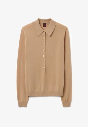 Maglione di colore beige a maglia con colletto, maniche lunghe e patta con sette bottoni. Texture morbida e polsini e orlo a coste.