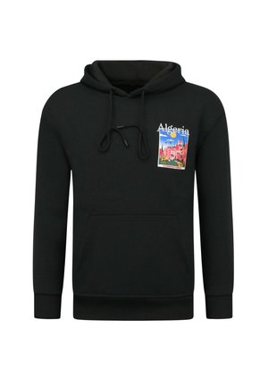 Zwarte hoodie met een voorzak en trekkoorden, met een kleurrijke ansichtkaart van Algerije op de linkerborst.