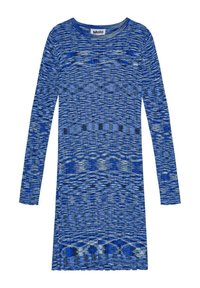 Sininen neulemekko pitkillä hihoilla, jossa on vaihteleva sinisen sävyjen ja mustien yksityiskohtien tekstuurikuvio. Pyöreä pääntie, pehmeä materiaali.