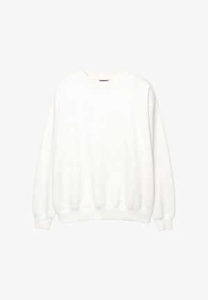 Weißer Sweatshirt, Rundhalsausschnitt, lange Ärmel, lockere Passform. Weicher Stoff mit gerippten Bündchen und Saum. Minimalistisches Design, keine sichtbaren Logos oder Muster.