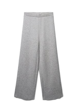 Hellegraue Sweatpants mit weit geschnittenem Bein und elastischem Bund, aus weichem, strukturiertem Stoff, flach auf einem weißen Hintergrund präsentiert.